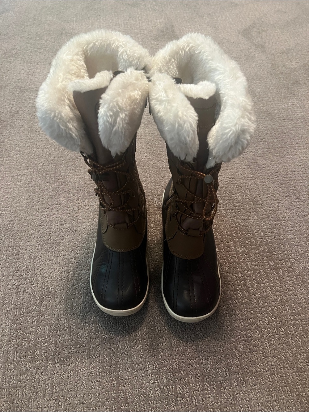 totes Two-Tone Brown and White Lace-Up Faux-Fur Winter Boots